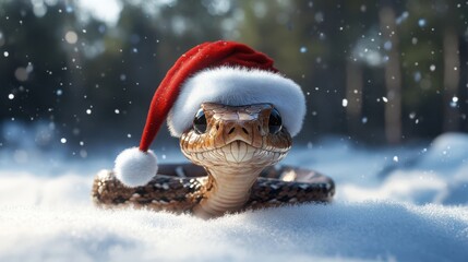 Poster - Adorable snake wearing a Santa hat in a snowy landscape representing Christmas and winter themes