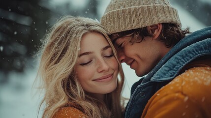 Wall Mural - A couple is hugging in the snow, with the woman wearing a yellow jacket