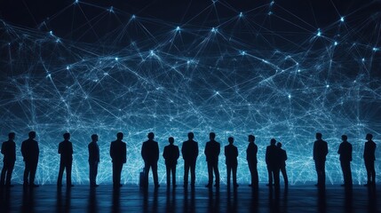 Poster - Silhouetted Figures Observing a Digital Network Visualization