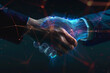 © ssshohan - Close-up of a leader's hand shaking a holographic hand representing the merging of human leadership with AI technology in business innovation