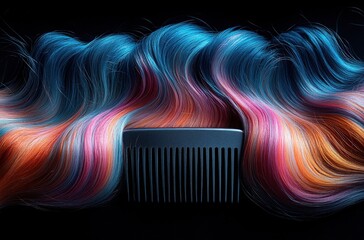 Colorful wavy hair styled with a black comb on a dark background, showcasing vibrant hues