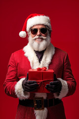 Poster - A man dressed as Santa Claus holding a red gift box