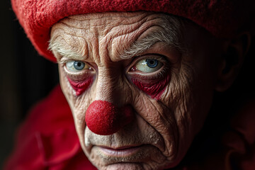 Wall Mural - A close up of a clown with a red nose and blue eyes