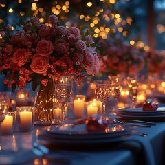 Realistic cinematic view of Valentines night dinner celebration table adorned luxurious flower centerpieces candlelight The table is set for an intimate occasion emphasizing the romance of the evening