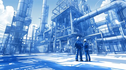 two engineers observing operations at a massive, complex refinery facility, showcasing advanced indu