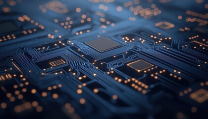 Close-up of modern circuit board with blue background and glowing components.