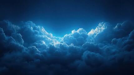 dramatic clouds illuminated by a soft blue light, creating a serene and mystical atmosphere.