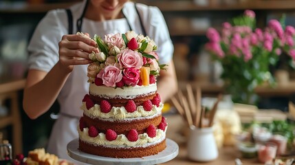 Colorful cake decoration with fresh flowers and fruits.