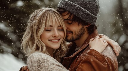 Wall Mural - A couple is embracing in the snow, with the woman wearing a brown jacket