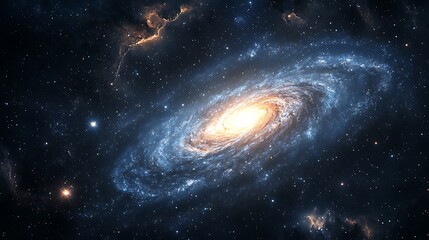 Galaxy spiral with stars and bright core, dark background