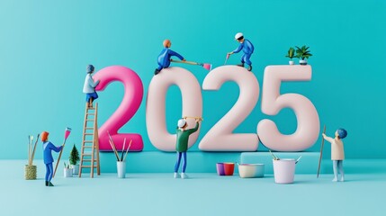 Small artists paint the numbers 2025 against a light blue background, holding brushes and paint pots, ladders assist them, creative teamwork, celebrating the new year, cheerful vibes, artistic effort.