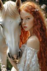 red-haired girl with long hair and freckles, wearing an off-white dress adorned with flowers , stands in a flowers garden with a horse . 