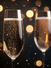 Two elegant champagne flutes with sparkling bubbles against a bokeh background.