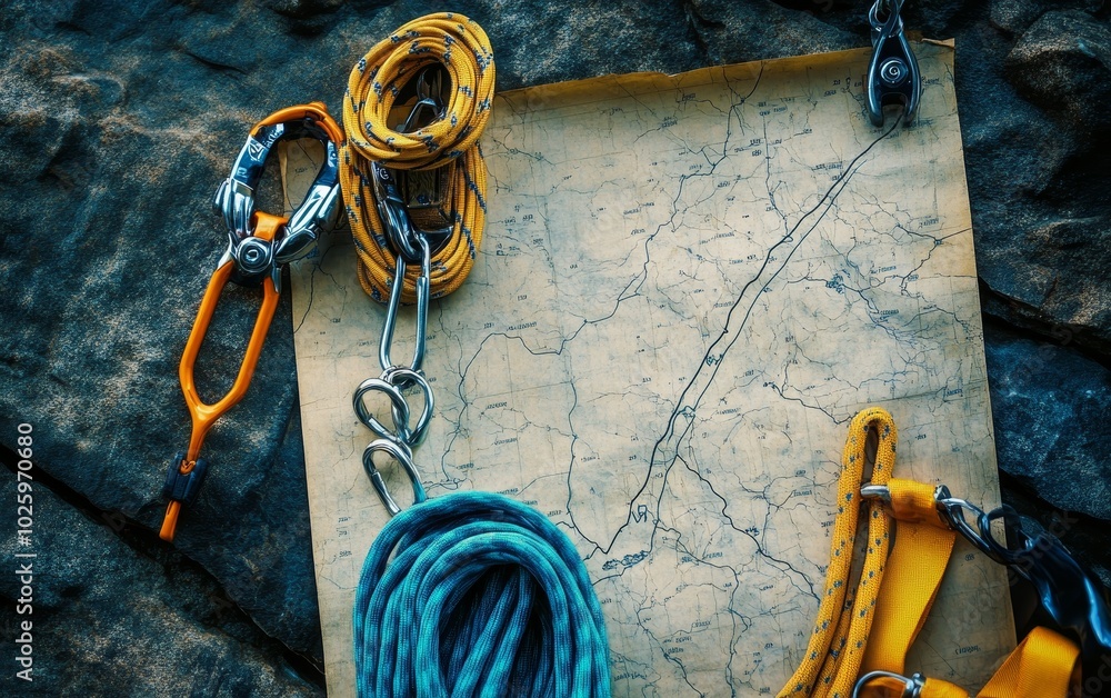 Climbing equipment including ropes, carabiners, and quickdraws arranged ...