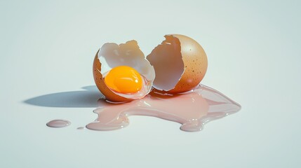 Broken Egg with Vibrant Yellow Yolk and Translucent Pink Spreading on Flat White Surface, Light Brown Cracked Egg Shells in Simple Clean Composition