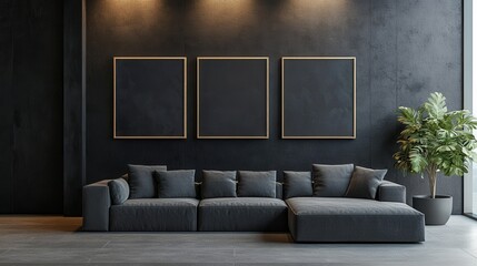 Living room interior with three square paintings on the wall. Modern black wall with a gray couch, dark-toned gallery setting with art frames.