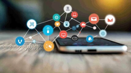Poster - Smartphone with Connected Icons Representing Online Activities