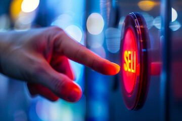 Close-up of a stock market investors hand frozen above a sell button during a crash the hesitation of risk