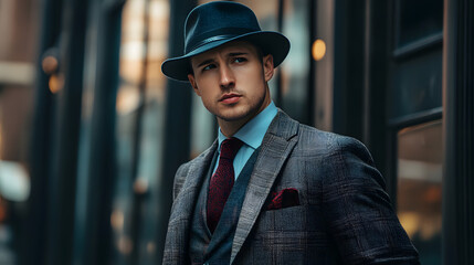 A man in a suit and hat is standing in front of a building