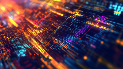 Abstract digital code with colorful glowing lines.