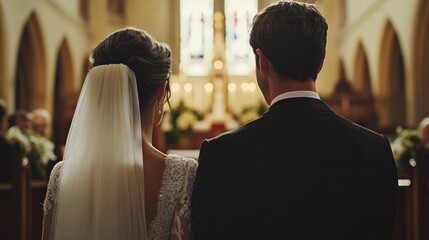 Wall Mural - A bride and groom are standing in a church, with the bride wearing a white veil