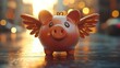 © NOPPHINAN - A whimsical flying piggy bank with wings standing on a wet street during golden sunset, symbolizing financial freedom and imaginative savings.