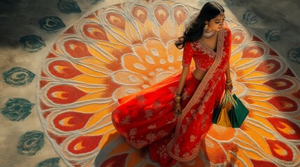 Woman in Red Traditional Attire Shopping Amidst Vibrant Rangoli Design During Festival