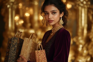 Elegant Indian Woman in Traditional Attire Surrounded by Festive Fabrics for Wedding Shopping