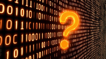 A glowing question mark in front of a binary code background