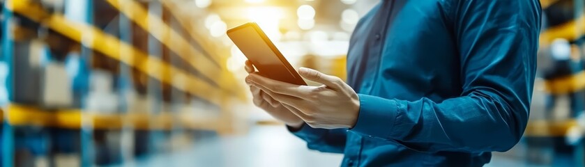 person using smartphone in a warehouse for inventory management.