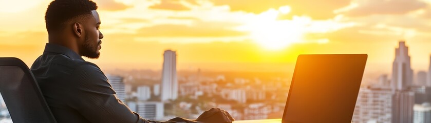 Professional man working on laptop during sunset, city skyline view.