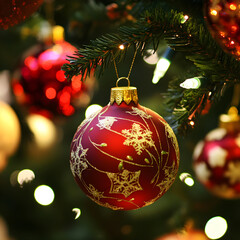 Wall Mural - Red and gold christmas ornament hanging on a christmas tree