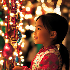 Wall Mural - Little girl admiring christmas tree lights decoration