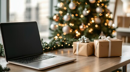 A cozy workspace featuring a laptop near a Christmas tree adorned with lights and gifts, creating a festive holiday atmosphere.