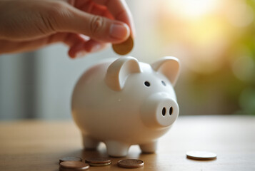 Hand Inserting Coin into Piggy Bank: Financial Responsibility and Savings Concept for Personal Finance Ads