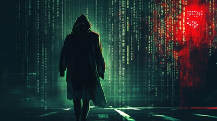 Wall Mural - a hooded figure walks away from a digital world, leaving a trail of red code.