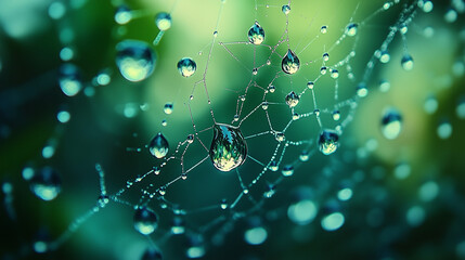 Close-Up of Water Droplets on Spider Web in Soft Green Light
