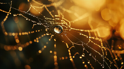 Sunset Illuminated Spider Web with Dew Beads in Golden Light