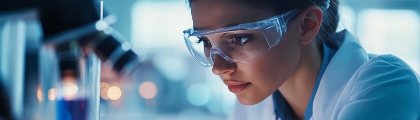 Female scientist in lab examining liquid in glass beaker, a captivating image of scientific research and discovery