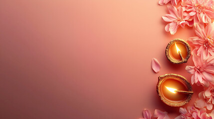 Diwali Theme background for product photoshoot, right side space is full empty & on left a diya with a flame, peach color tone & golden shades