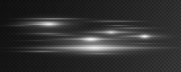 Wall Mural - Dynamic white laser beams isolated on dark transparent background. Abstract light effect. Lens flare. Horizontal rays glowing in the dark. Vector illustration. EPS 10.