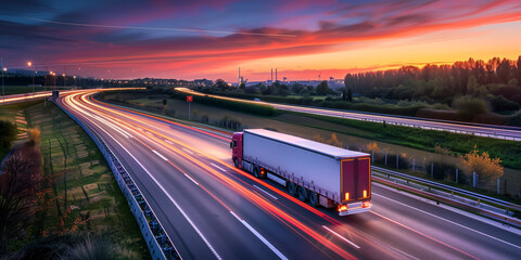 Cargo truck driving on highway at vibrant sunset with light trails