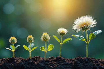 Five flowers growing and showing different stages of development