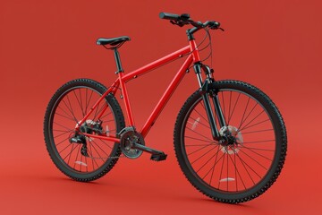 Bright red mountain bike on a solid red background in an indoor setting