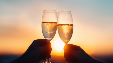 Two glasses clink in celebration against a beautiful sunset backdrop.