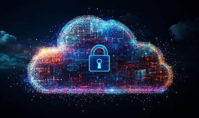 Abstract illustration of cloud security services, stylized cloud icon integrated with a secure padlock symbol, representing data protection and cybersecurity in cloud computing, Generative AI