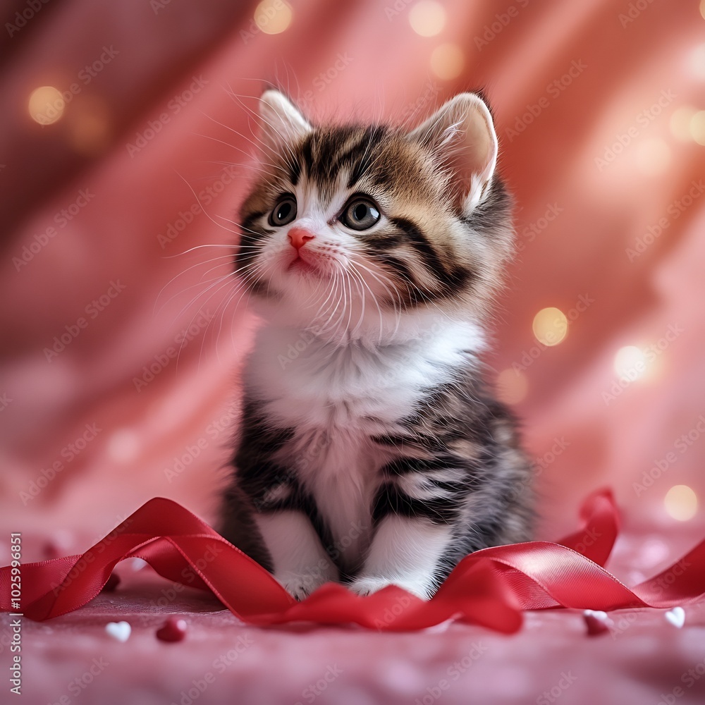 Adorable kitten playing a flowing red ribbon on a romantic pink ...