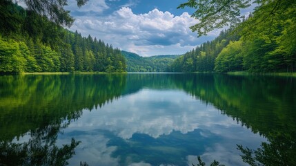 Sticker - Green trees encircle a calm lake, with crystal-clear reflections of the sky and clouds, showcasing a harmonious environment