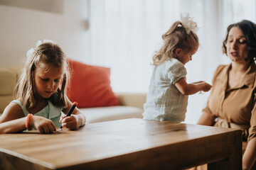 A nurturing moment as a mom interacts with her two young daughters in a cozy living space, fostering creativity and connection.