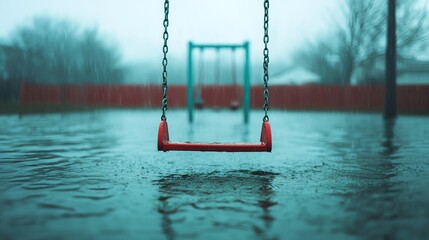 An empty playground partially submerged, swings swaying in the wind, heavy rain, captured with a lowangle lens